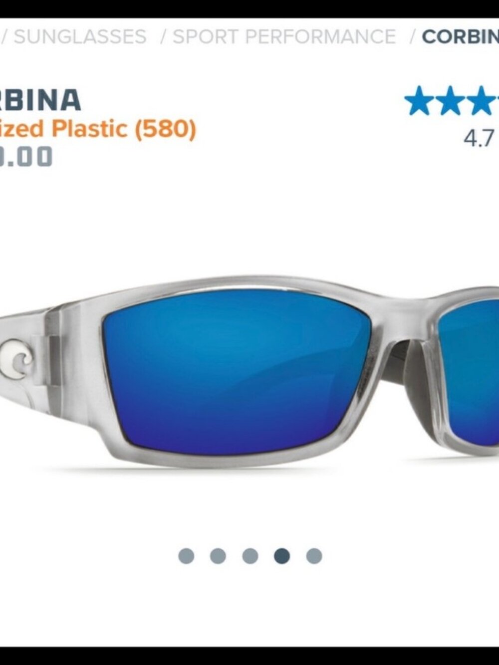 Mens 580 Costa Del Mar Corbina Mirrored Blue Lense Silver Frame Sunglasses